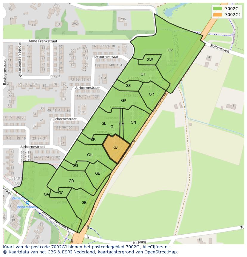 Afbeelding van het postcodegebied 7002 GJ op de kaart.