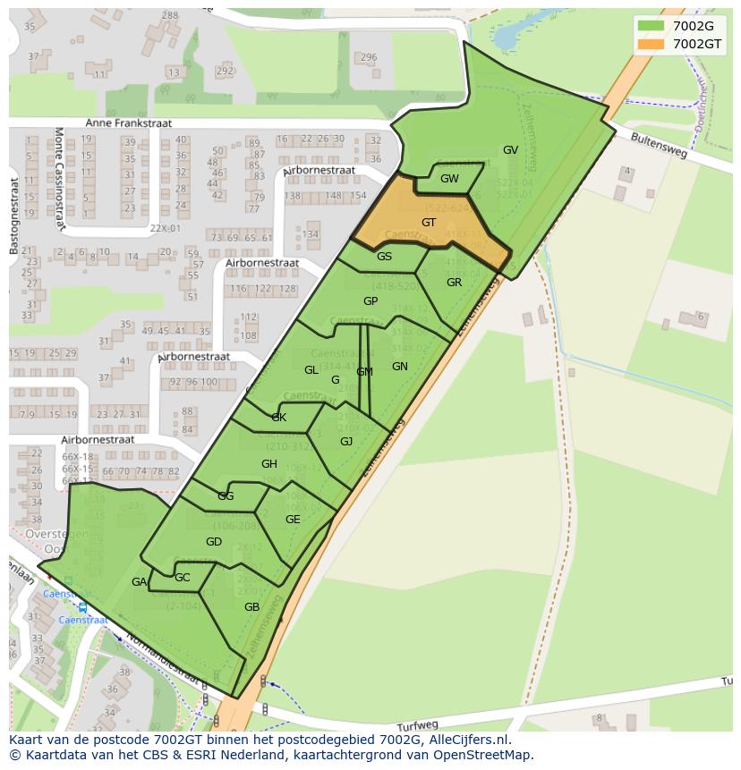 Afbeelding van het postcodegebied 7002 GT op de kaart.