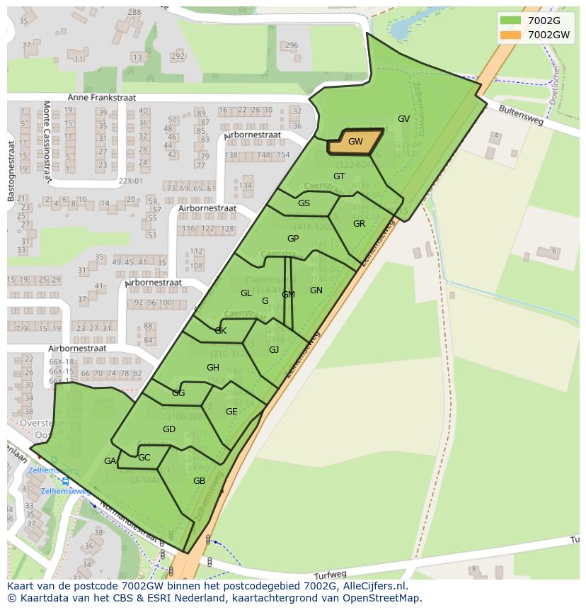 Afbeelding van het postcodegebied 7002 GW op de kaart.