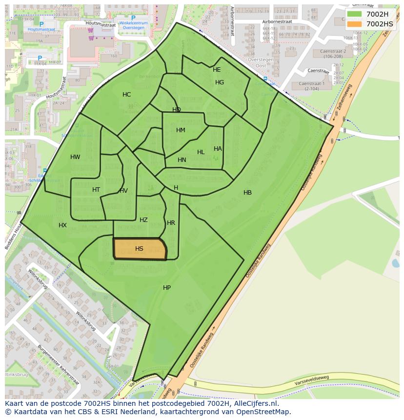 Afbeelding van het postcodegebied 7002 HS op de kaart.