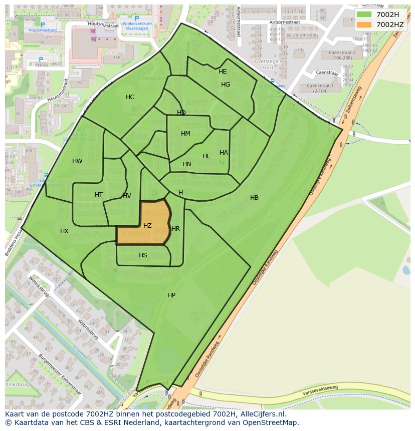 Afbeelding van het postcodegebied 7002 HZ op de kaart.