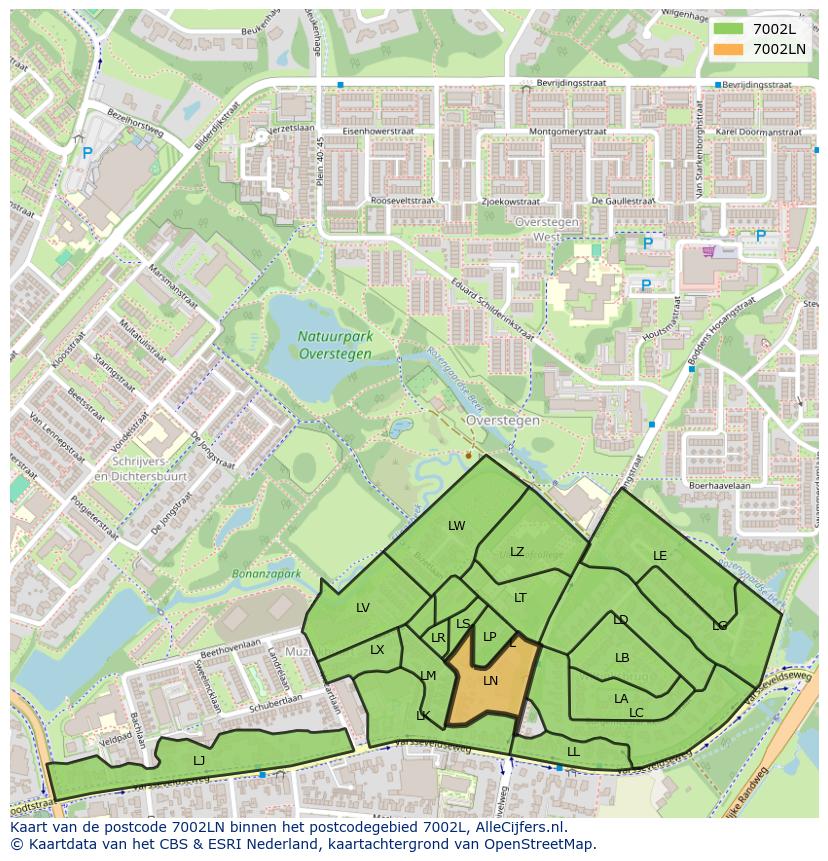 Afbeelding van het postcodegebied 7002 LN op de kaart.