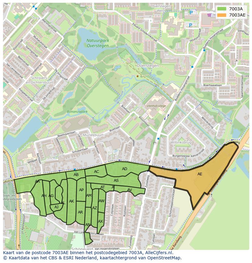 Afbeelding van het postcodegebied 7003 AE op de kaart.