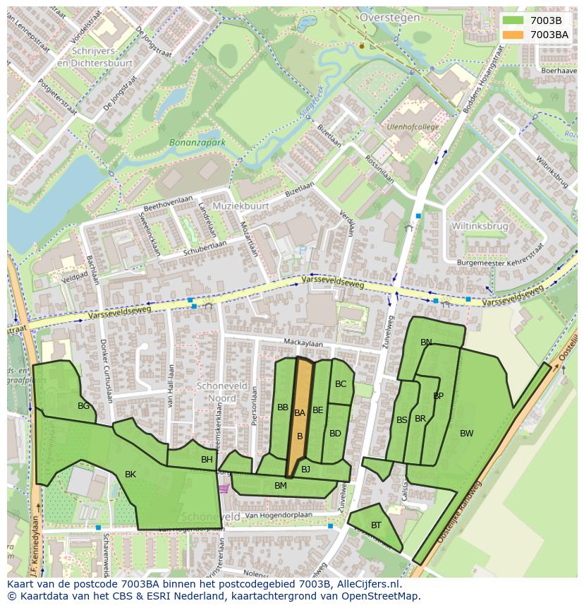 Afbeelding van het postcodegebied 7003 BA op de kaart.