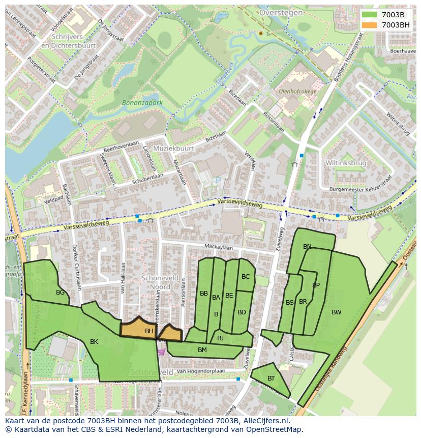 Afbeelding van het postcodegebied 7003 BH op de kaart.