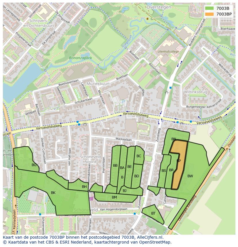 Afbeelding van het postcodegebied 7003 BP op de kaart.