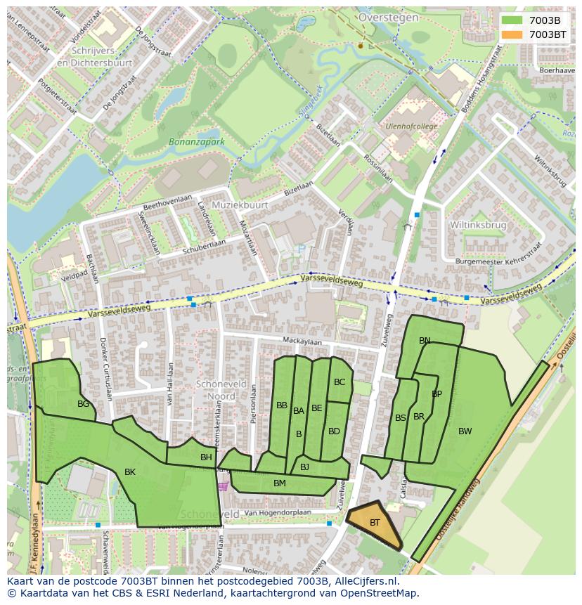 Afbeelding van het postcodegebied 7003 BT op de kaart.