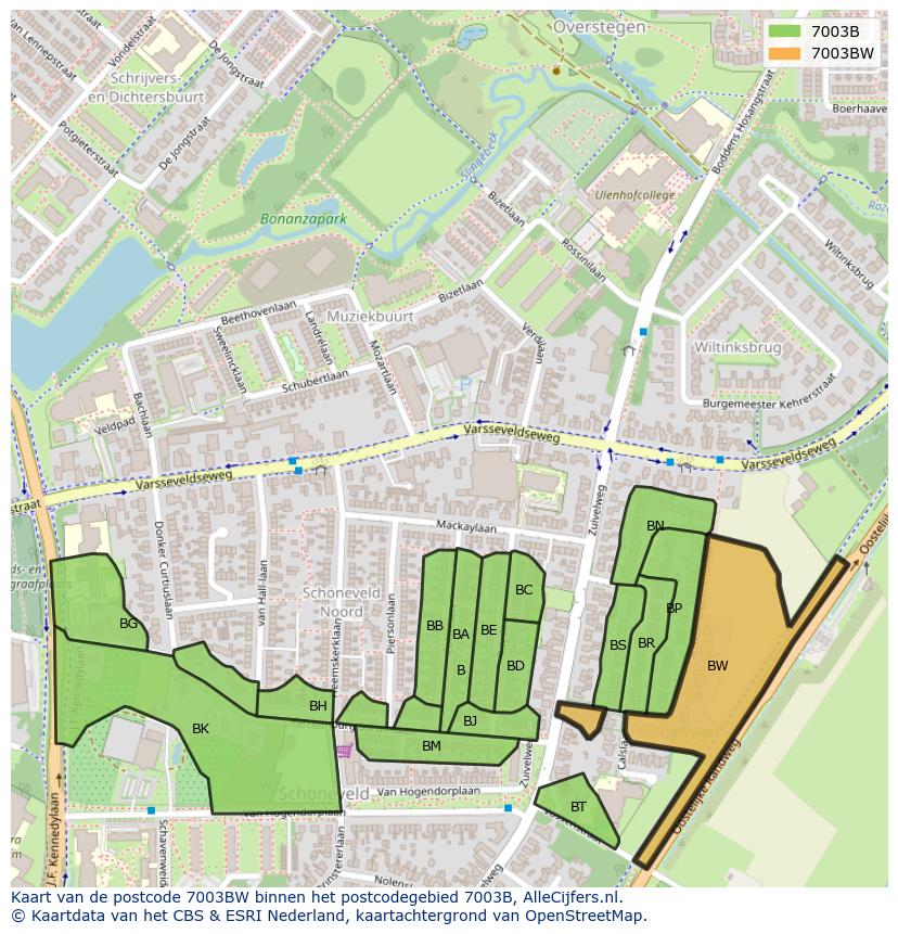 Afbeelding van het postcodegebied 7003 BW op de kaart.