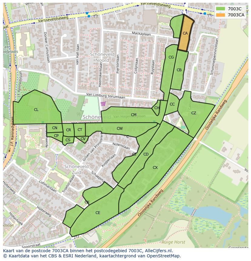 Afbeelding van het postcodegebied 7003 CA op de kaart.