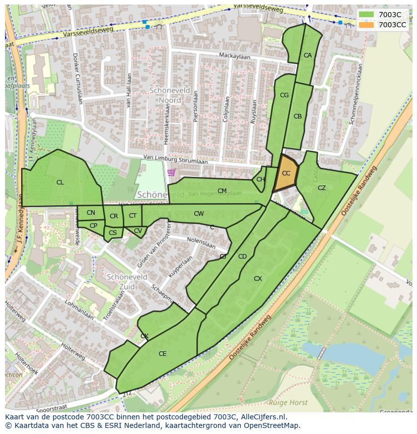 Afbeelding van het postcodegebied 7003 CC op de kaart.