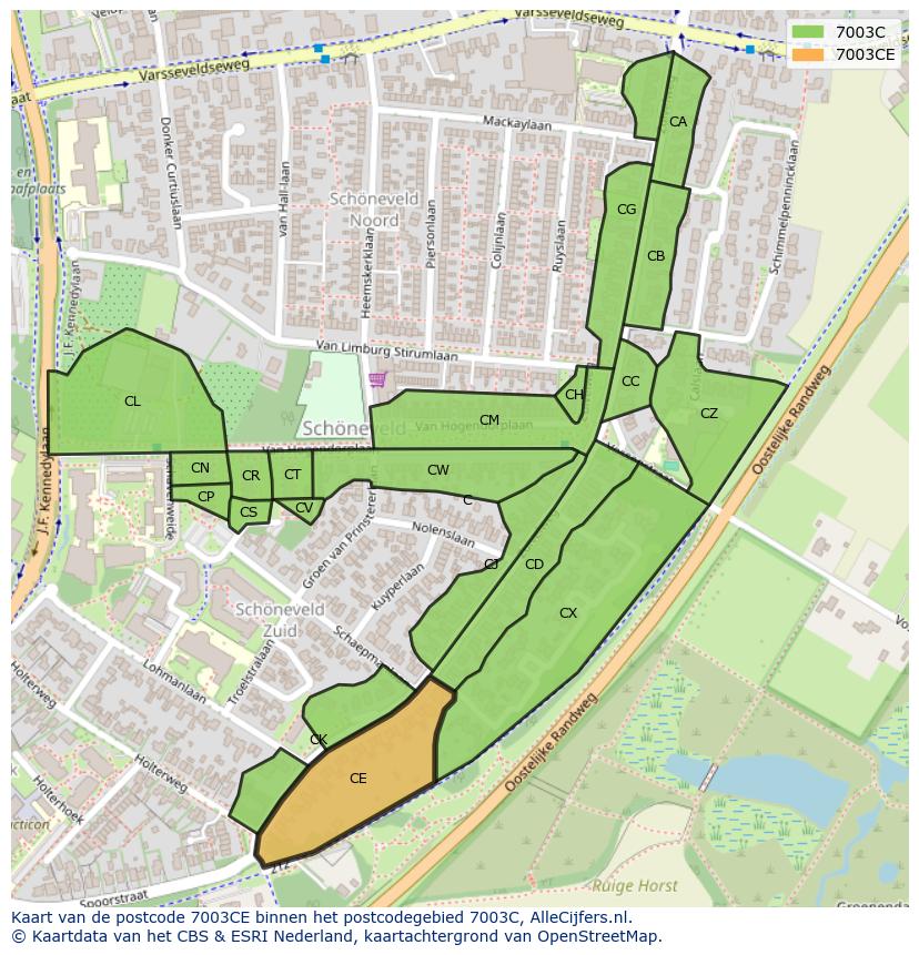 Afbeelding van het postcodegebied 7003 CE op de kaart.