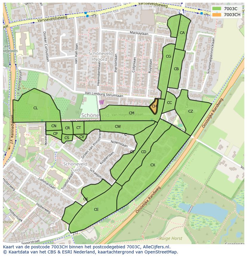 Afbeelding van het postcodegebied 7003 CH op de kaart.