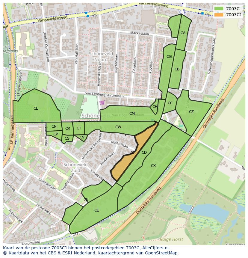 Afbeelding van het postcodegebied 7003 CJ op de kaart.