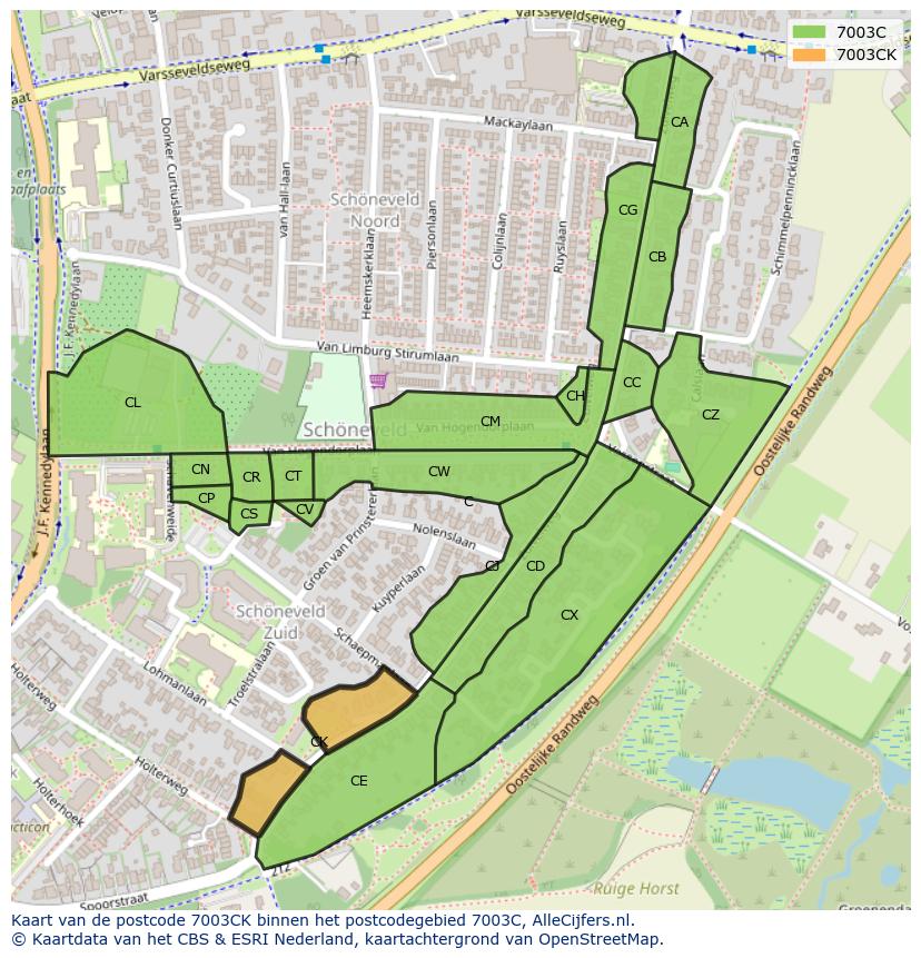Afbeelding van het postcodegebied 7003 CK op de kaart.