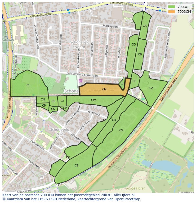 Afbeelding van het postcodegebied 7003 CM op de kaart.