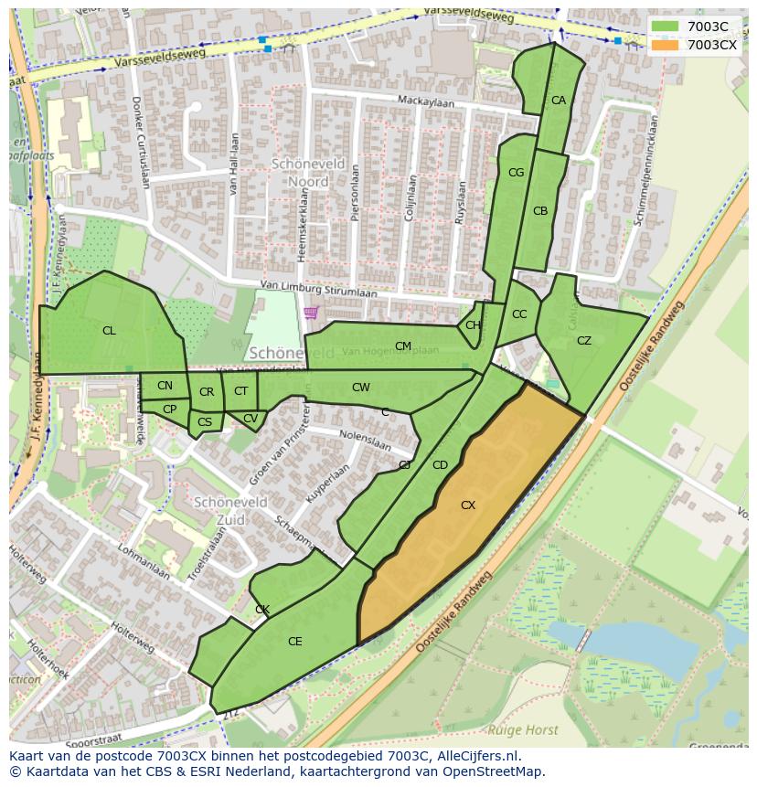 Afbeelding van het postcodegebied 7003 CX op de kaart.