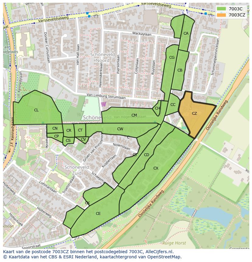 Afbeelding van het postcodegebied 7003 CZ op de kaart.