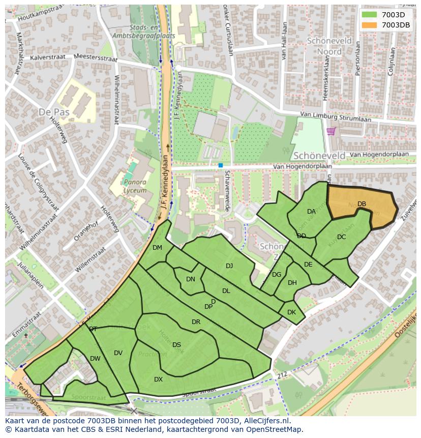 Afbeelding van het postcodegebied 7003 DB op de kaart.