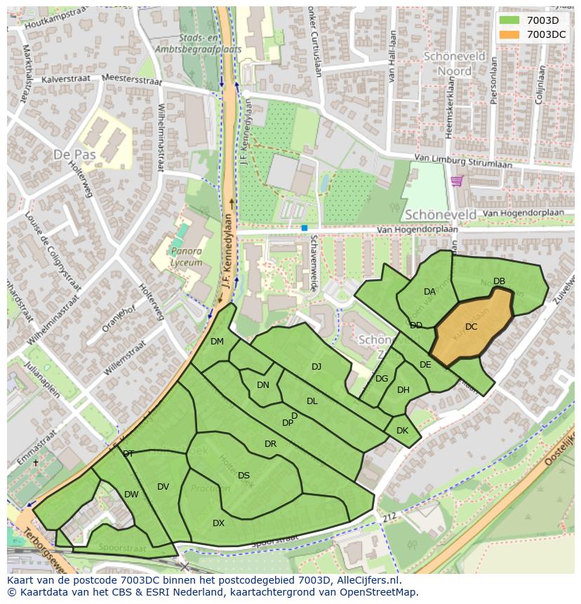 Afbeelding van het postcodegebied 7003 DC op de kaart.