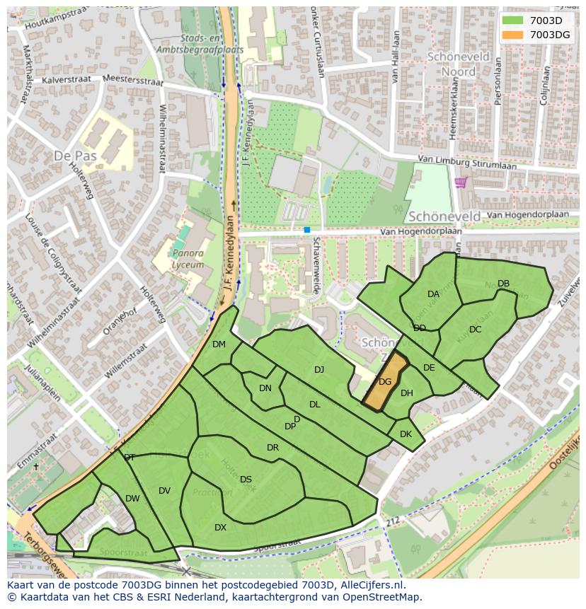 Afbeelding van het postcodegebied 7003 DG op de kaart.