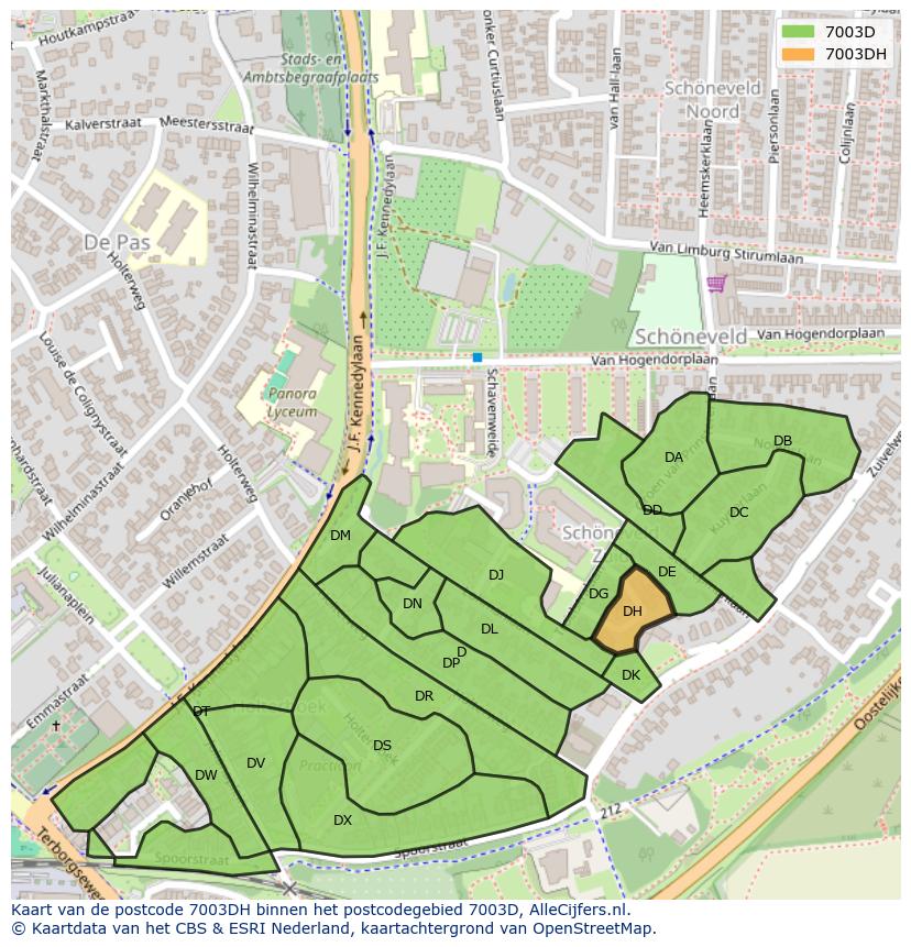 Afbeelding van het postcodegebied 7003 DH op de kaart.