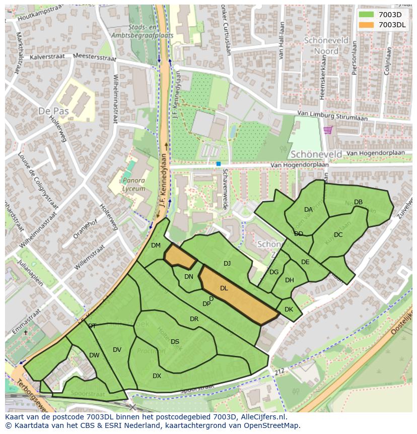 Afbeelding van het postcodegebied 7003 DL op de kaart.