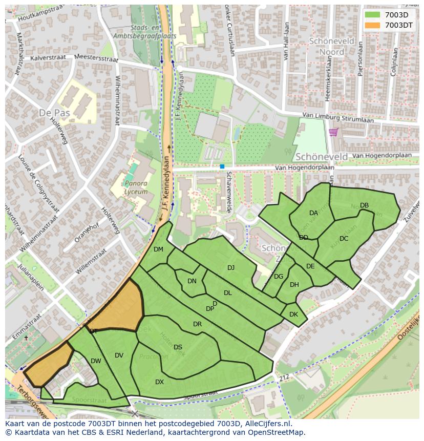 Afbeelding van het postcodegebied 7003 DT op de kaart.