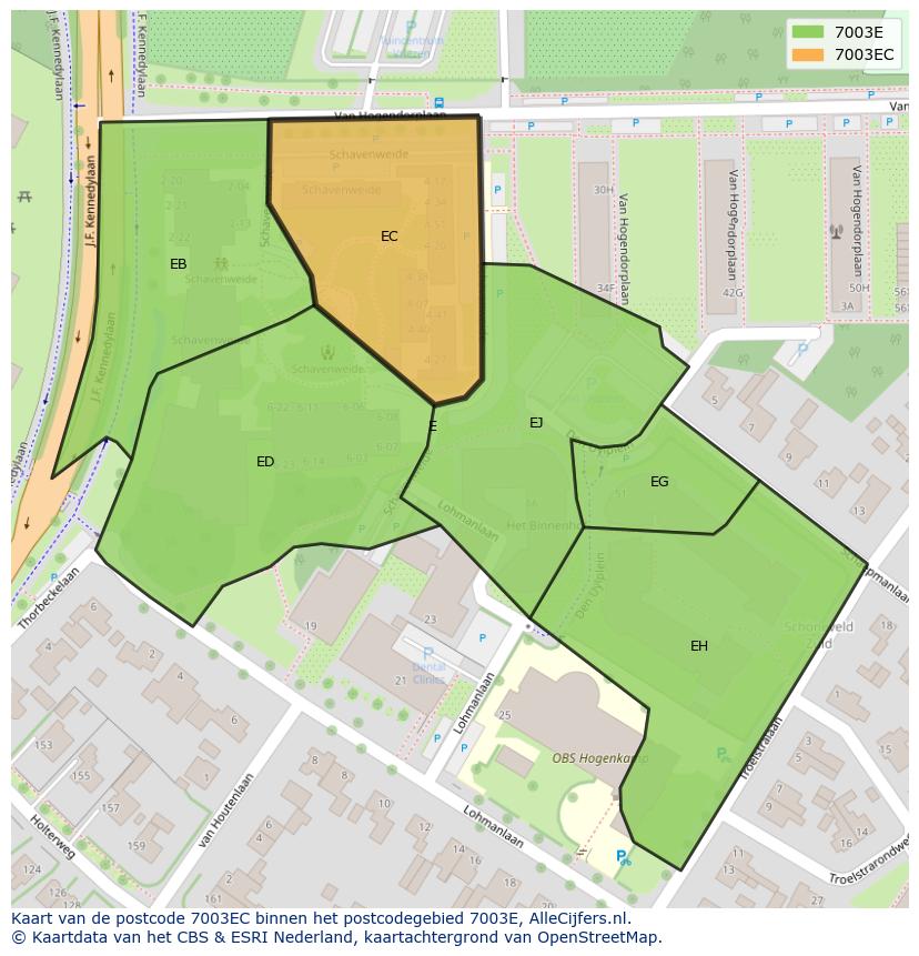 Afbeelding van het postcodegebied 7003 EC op de kaart.