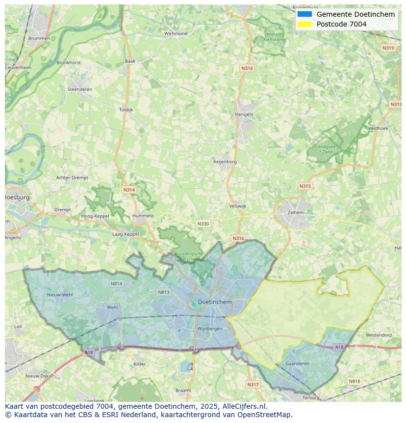 Afbeelding van het postcodegebied 7004 op de kaart.