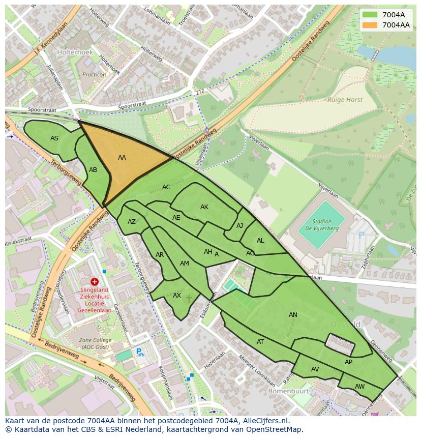 Afbeelding van het postcodegebied 7004 AA op de kaart.