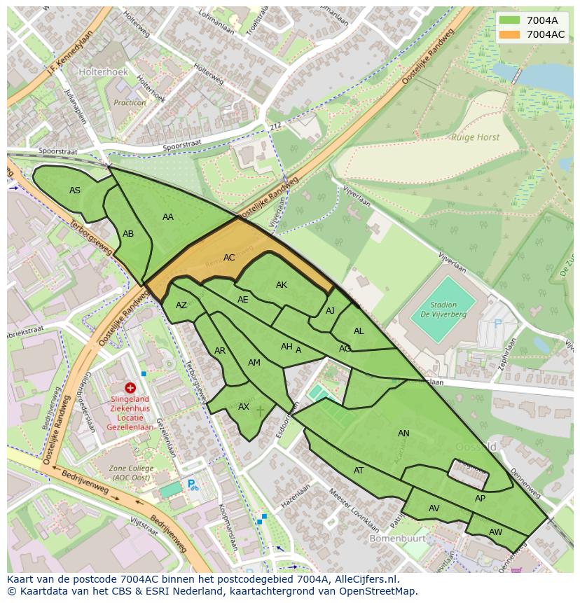 Afbeelding van het postcodegebied 7004 AC op de kaart.