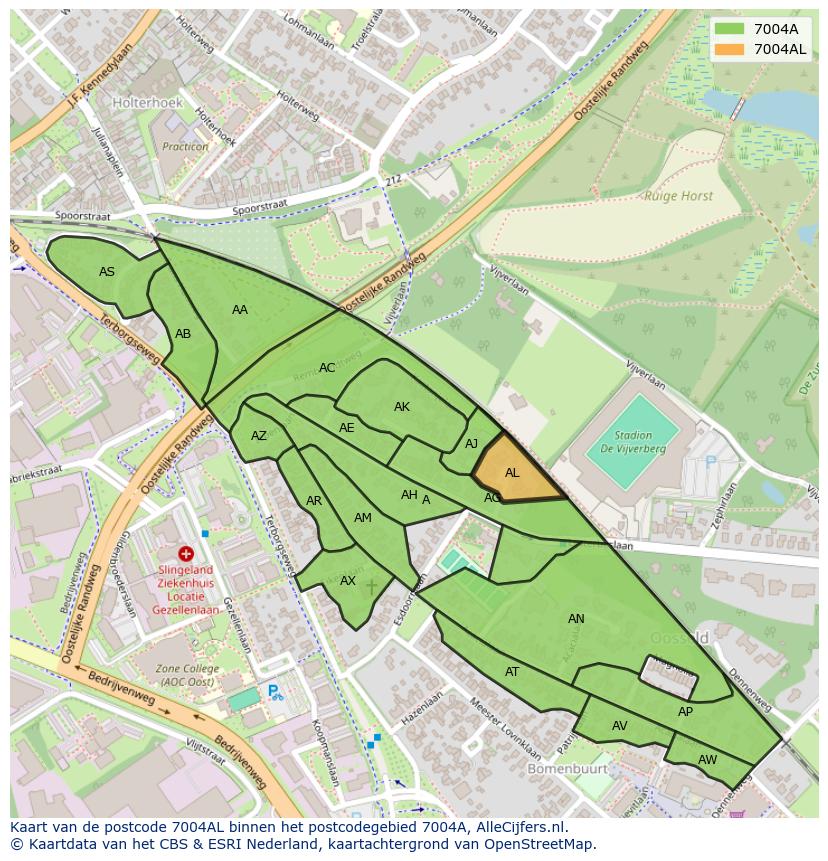 Afbeelding van het postcodegebied 7004 AL op de kaart.