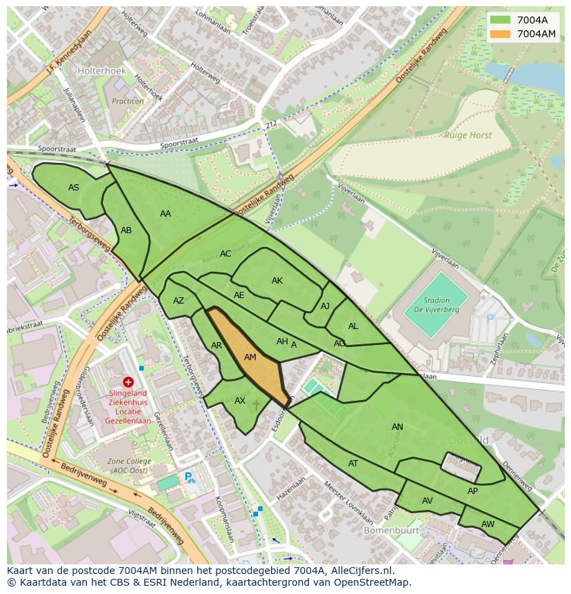 Afbeelding van het postcodegebied 7004 AM op de kaart.