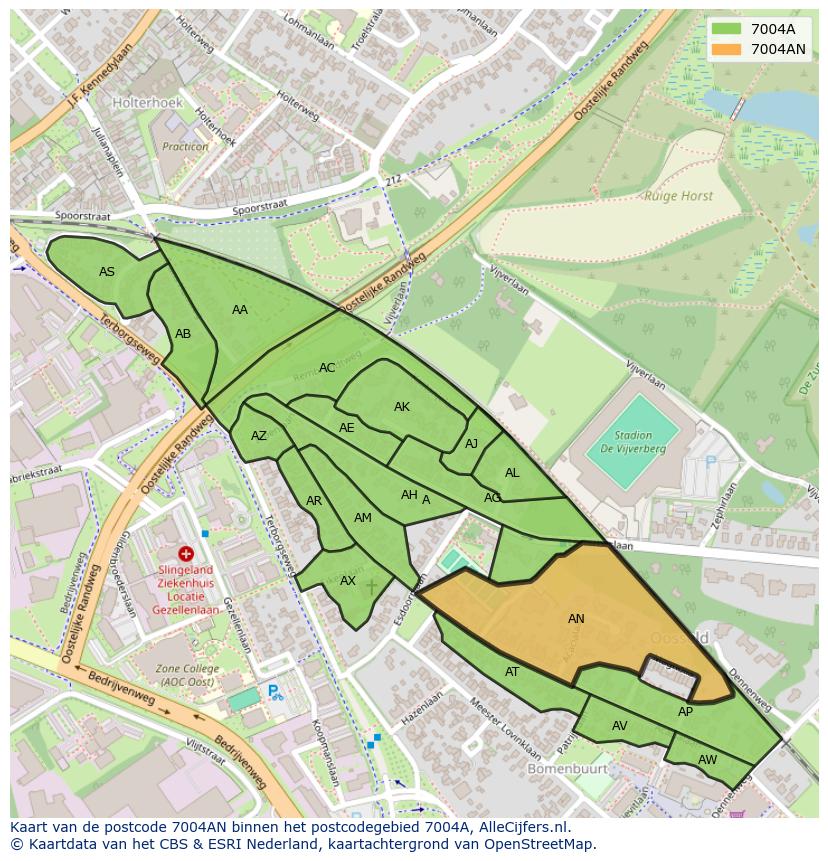 Afbeelding van het postcodegebied 7004 AN op de kaart.