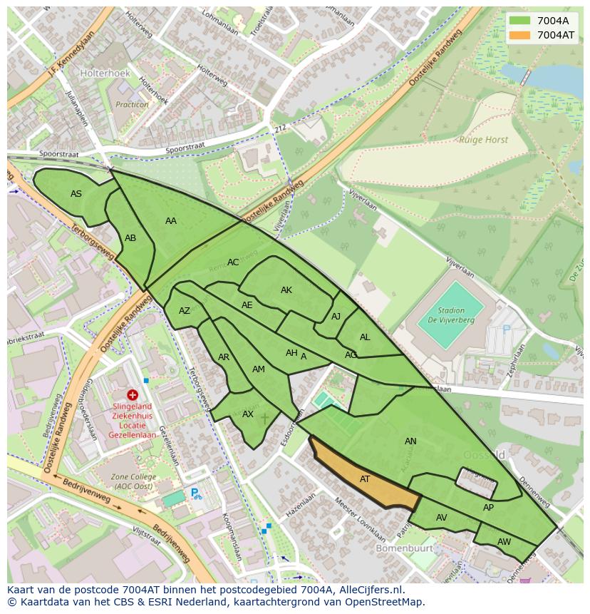 Afbeelding van het postcodegebied 7004 AT op de kaart.
