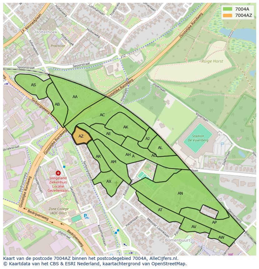Afbeelding van het postcodegebied 7004 AZ op de kaart.