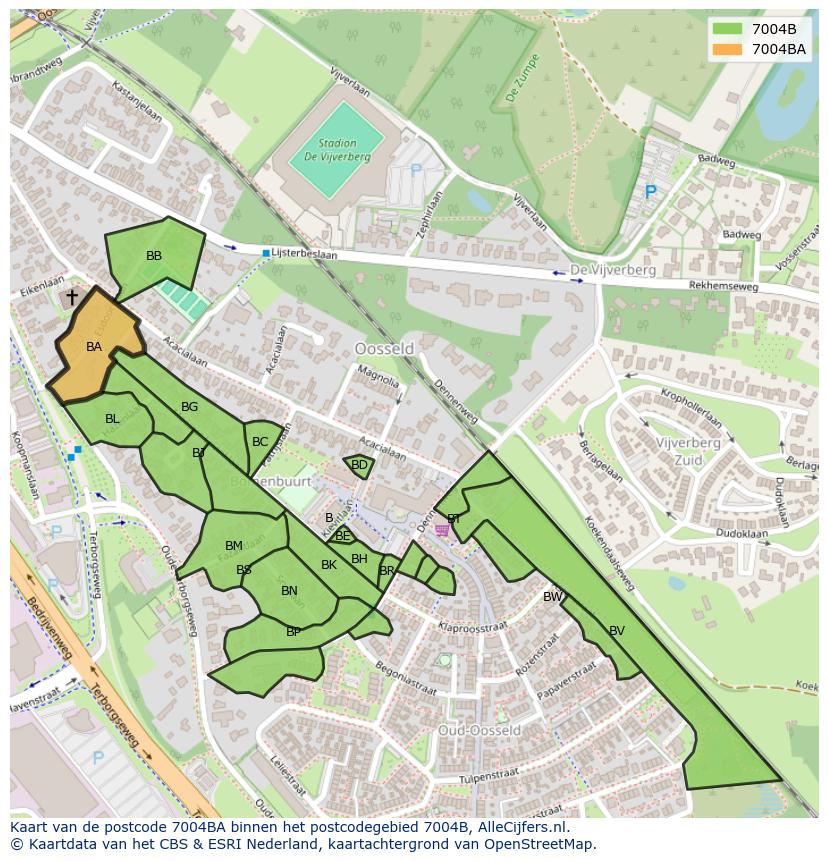 Afbeelding van het postcodegebied 7004 BA op de kaart.