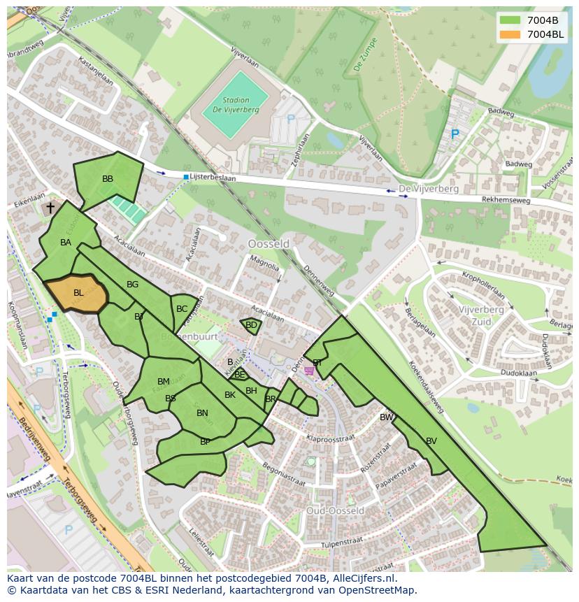 Afbeelding van het postcodegebied 7004 BL op de kaart.