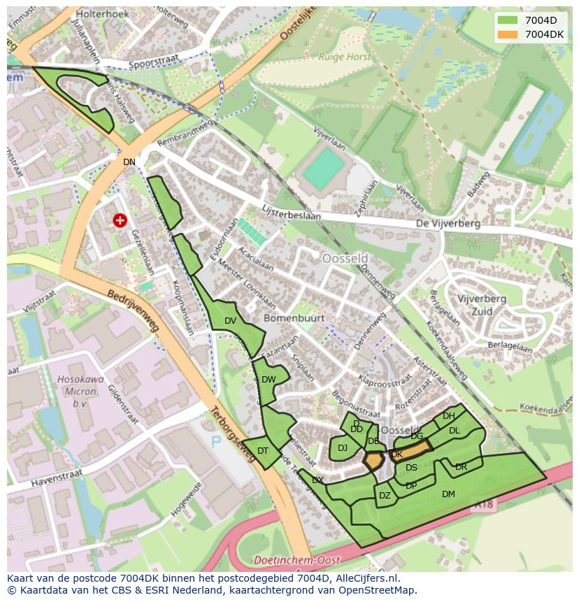 Afbeelding van het postcodegebied 7004 DK op de kaart.