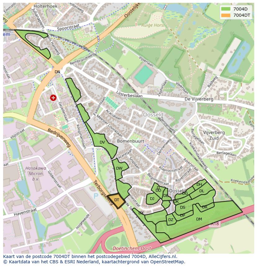 Afbeelding van het postcodegebied 7004 DT op de kaart.
