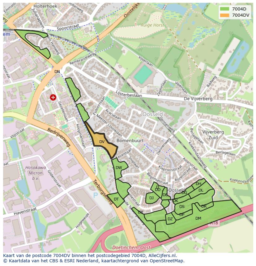 Afbeelding van het postcodegebied 7004 DV op de kaart.