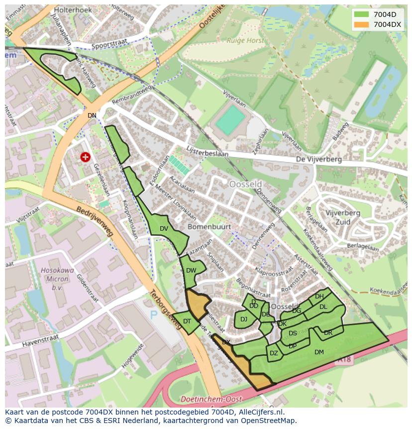 Afbeelding van het postcodegebied 7004 DX op de kaart.