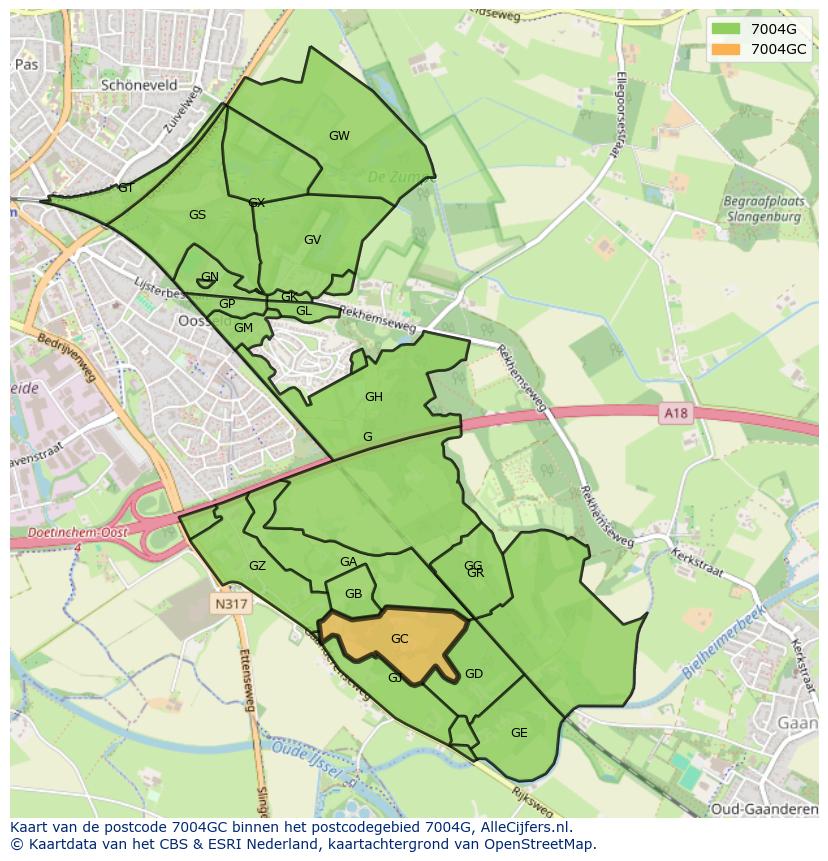 Afbeelding van het postcodegebied 7004 GC op de kaart.
