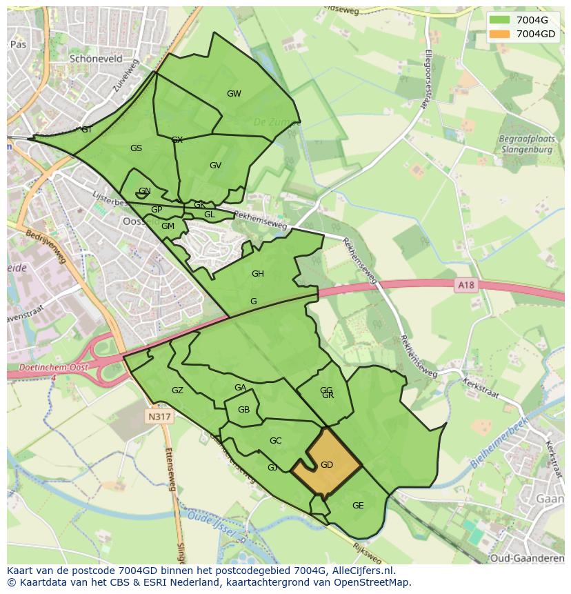 Afbeelding van het postcodegebied 7004 GD op de kaart.