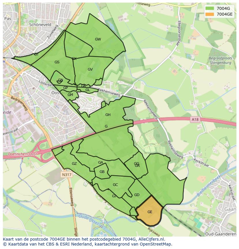 Afbeelding van het postcodegebied 7004 GE op de kaart.