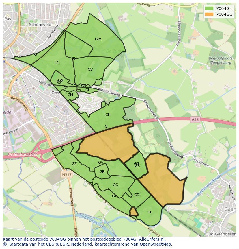 Afbeelding van het postcodegebied 7004 GG op de kaart.