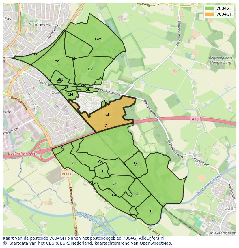 Afbeelding van het postcodegebied 7004 GH op de kaart.