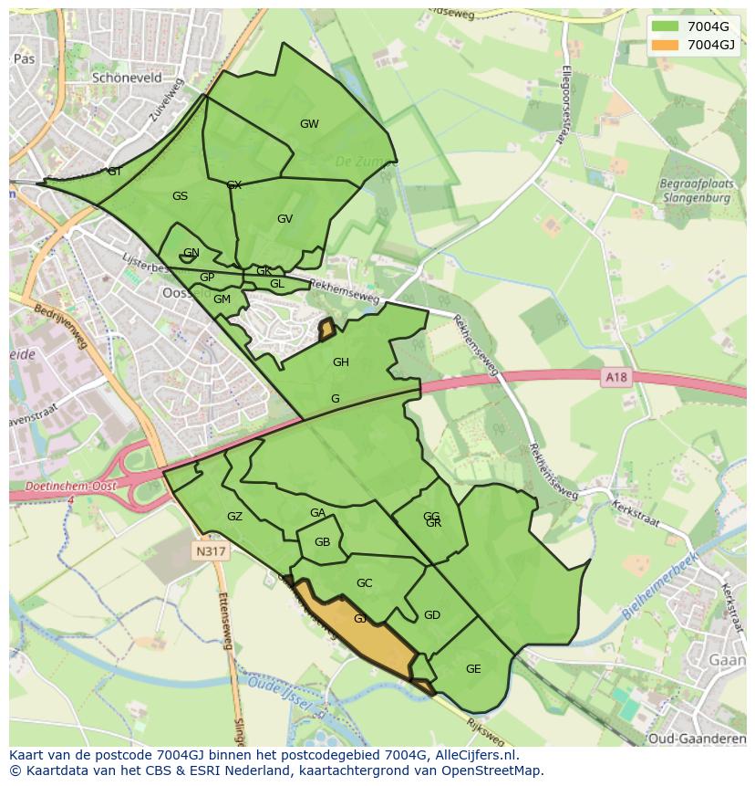 Afbeelding van het postcodegebied 7004 GJ op de kaart.