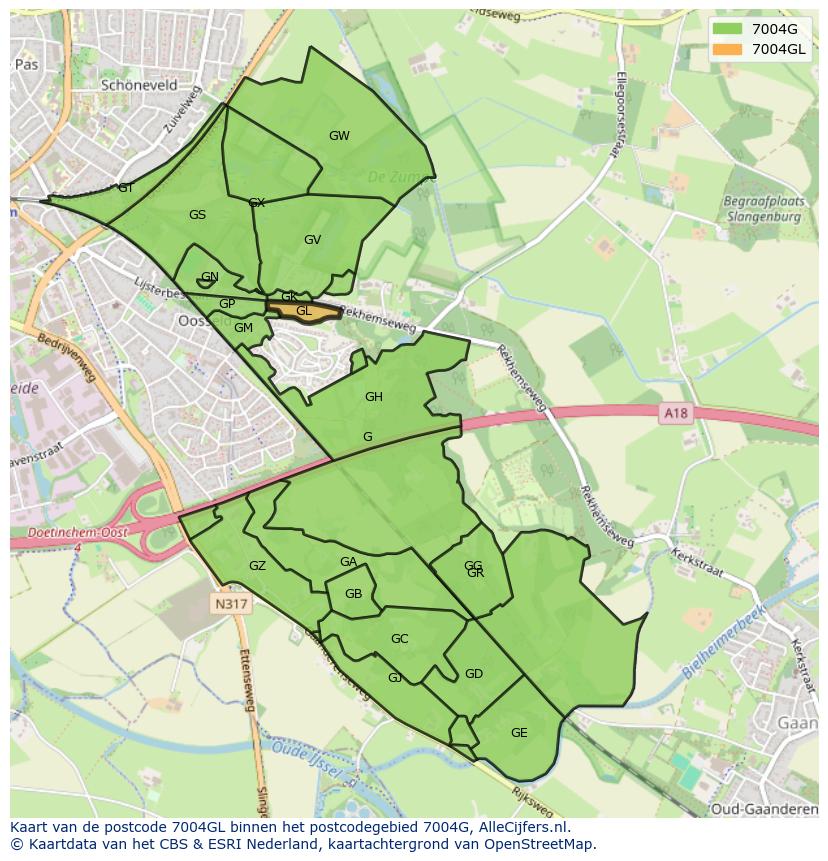 Afbeelding van het postcodegebied 7004 GL op de kaart.