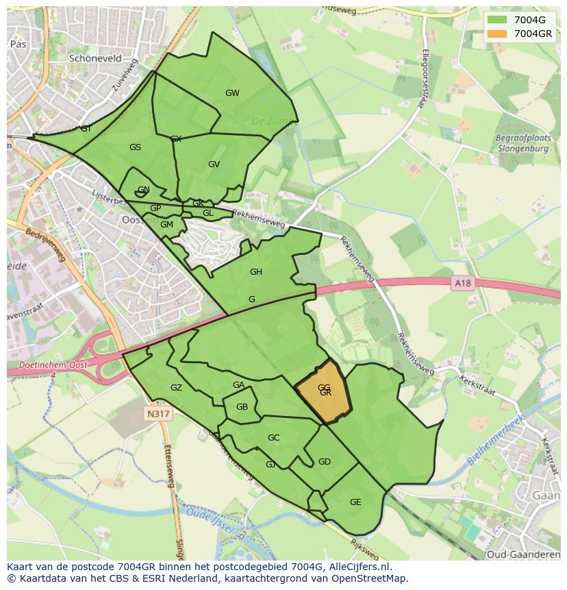 Afbeelding van het postcodegebied 7004 GR op de kaart.